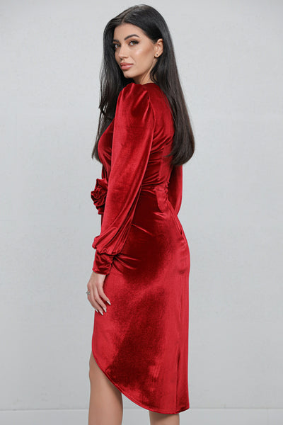 Rochie MBG bordo din catifea petrecuta tip lalea cu floare 3D in talie