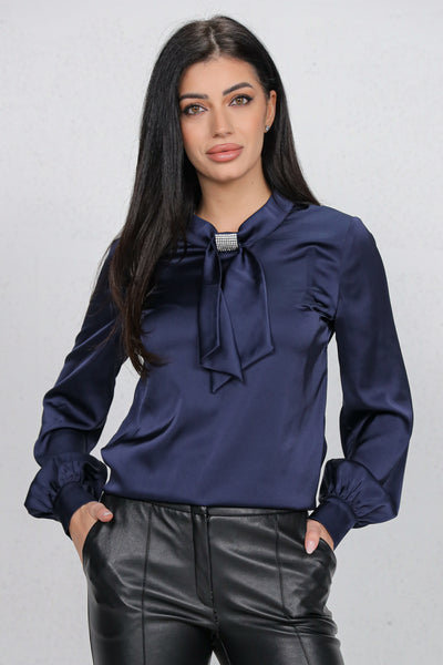 Bluza MBG bleumarin satinata si funda cu strasuri la gat