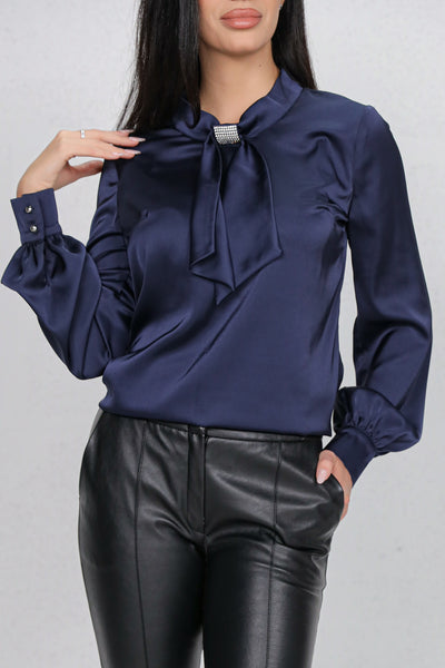 Bluza MBG bleumarin satinata si funda cu strasuri la gat