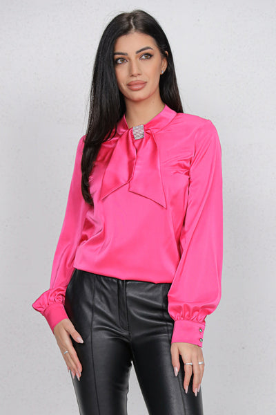 Bluza MBG fuchsia satinata si funda cu strasuri la gat