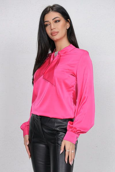 Bluza MBG fuchsia satinata si funda cu strasuri la gat