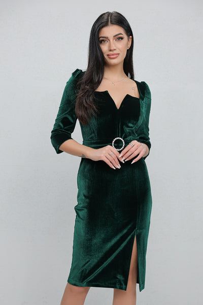 Rochie MBG verde din catifea si catarama cu perle