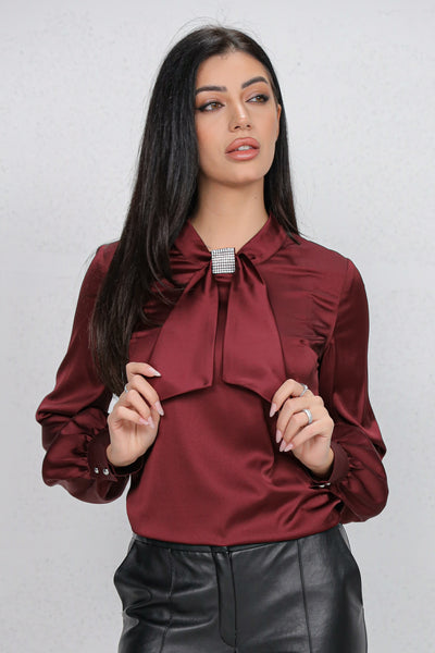 Bluza MBG bordo satinata si funda cu strasuri la gat
