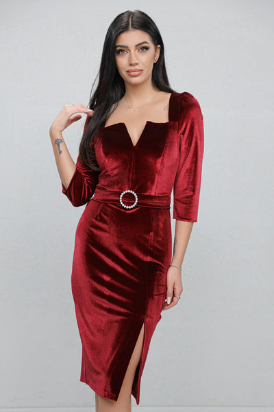 Rochie MBG bordo din catifea si catarama cu perle