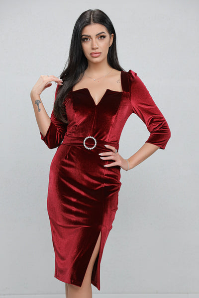 Rochie MBG bordo din catifea si catarama cu perle