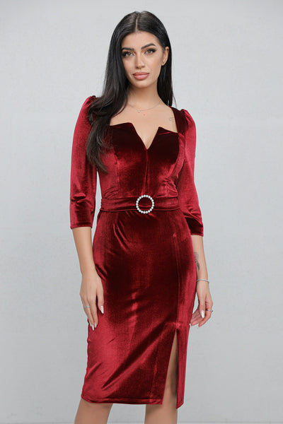 Rochie MBG bordo din catifea si catarama cu perle