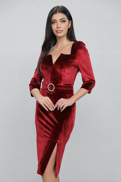 Rochie MBG bordo din catifea si catarama cu perle