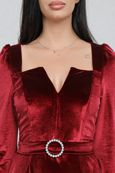 Rochie MBG bordo din catifea si catarama cu perle
