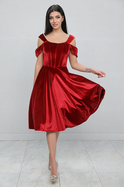 Rochie MBG bordo din catifea cu bust corsetat