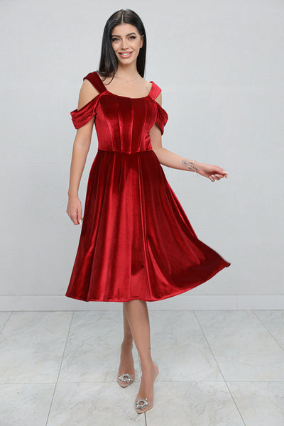 Rochie MBG bordo din catifea cu bust corsetat