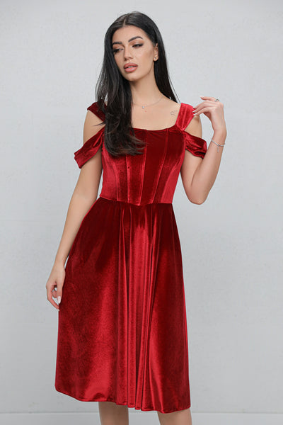 Rochie MBG bordo din catifea cu bust corsetat