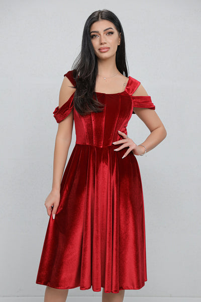 Rochie MBG bordo din catifea cu bust corsetat