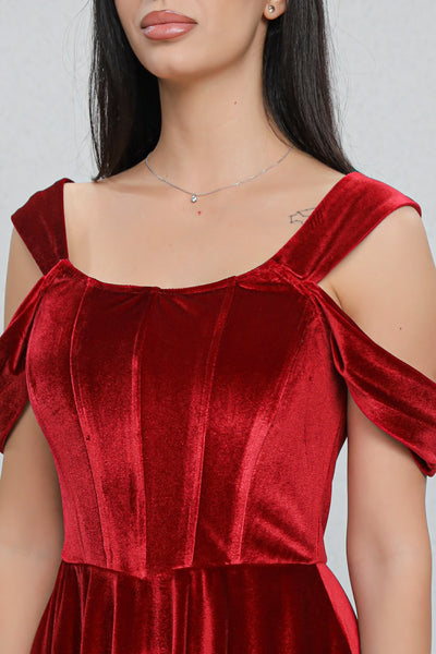 Rochie MBG bordo din catifea cu bust corsetat