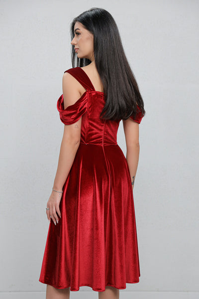 Rochie MBG bordo din catifea cu bust corsetat