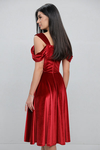 Rochie MBG bordo din catifea cu bust corsetat