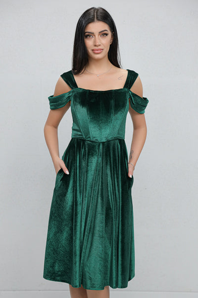 Rochie MBG verde din catifea cu bust corsetat