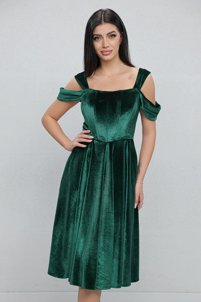 Rochie MBG verde din catifea cu bust corsetat