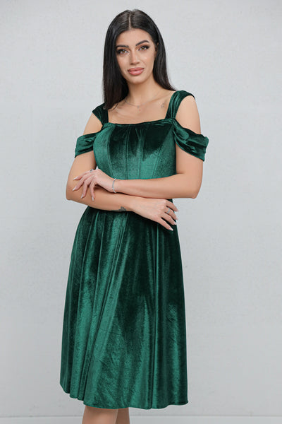Rochie MBG verde din catifea cu bust corsetat