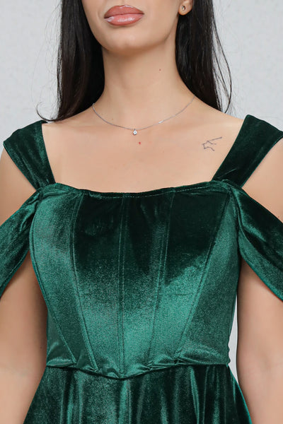 Rochie MBG verde din catifea cu bust corsetat