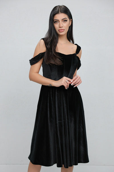 Rochie MBG neagra din catifea cu bust corsetat