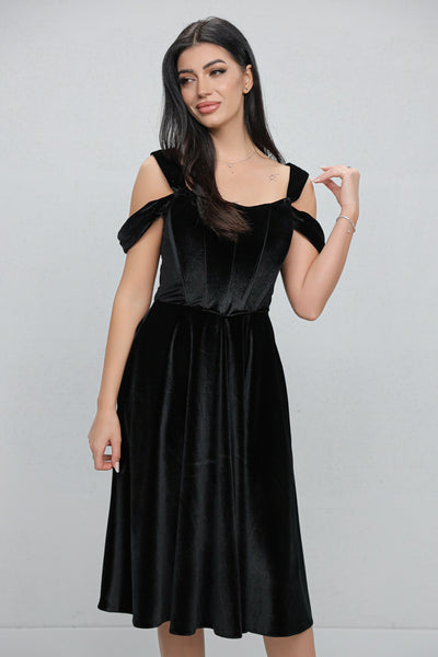 Rochie MBG neagra din catifea cu bust corsetat