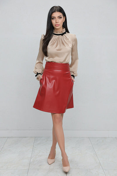 Fusta MBG bordo din piele ecologica cu talie inalta si pliuri