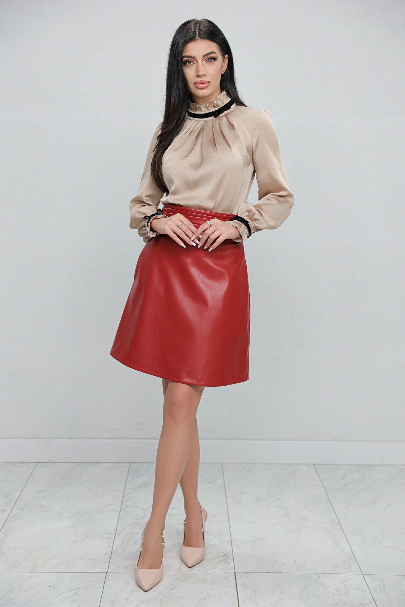 Fusta MBG bordo din piele ecologica cu talie inalta si pliuri