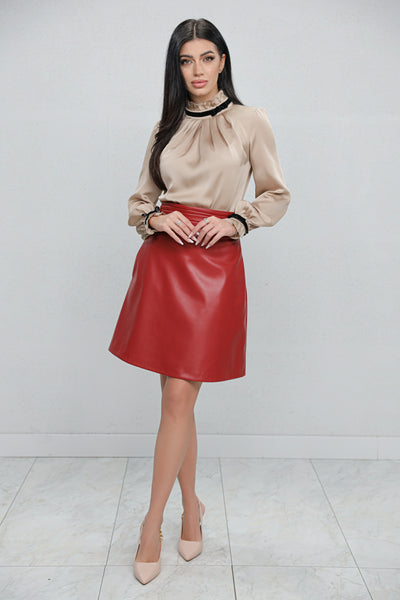 Fusta MBG bordo din piele ecologica cu talie inalta si pliuri