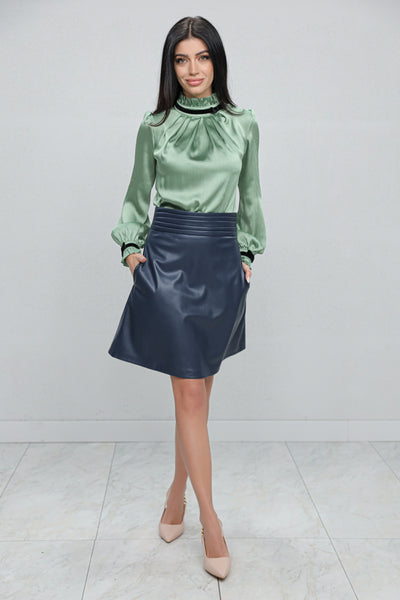 Fusta MBG bleumarin din piele ecologica cu talie inalta si pliuri