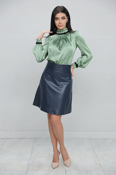 Fusta MBG bleumarin din piele ecologica cu talie inalta si pliuri