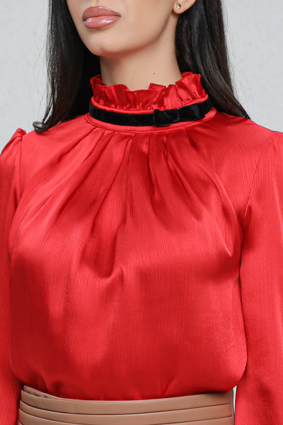 Bluza MBG rosie din voal satinat accesorizata cu benzi catifea si fundite