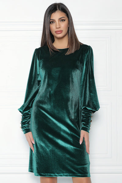 Rochie MBG verde din catifea cu nasturi la maneci