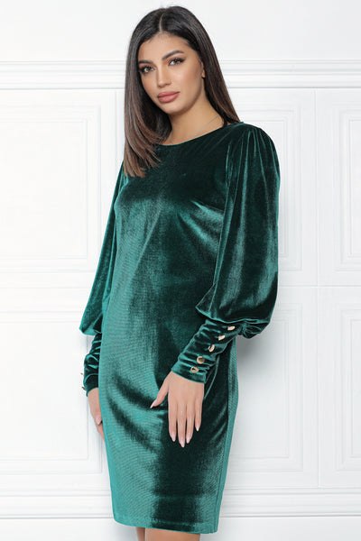 Rochie MBG verde din catifea cu nasturi la maneci