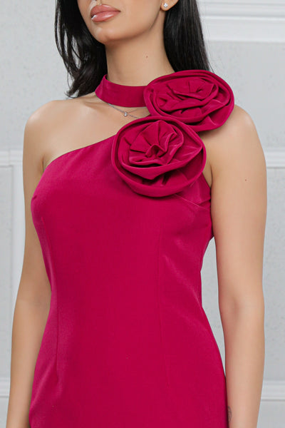 Rochie MBG magenta cu trandafiri 3D pe umar