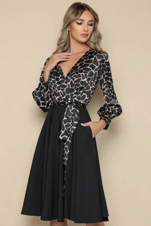 Rochie MBG neagra cu bust satinat animal print alb