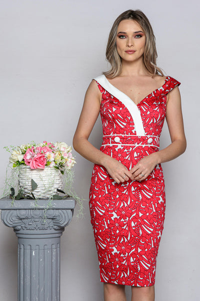 Rochie MBG rosie cu imprimeu floral si detalii albe