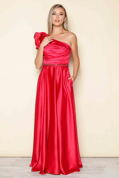 Rochie lunga Eleganta MBG rosie cu floare stilizata pe umar si strasuri in talie