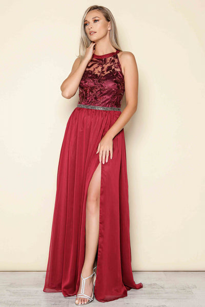 Rochie Lunga MBG bordeaux cu bust din broderie cu paiete si fusta lunga din voal