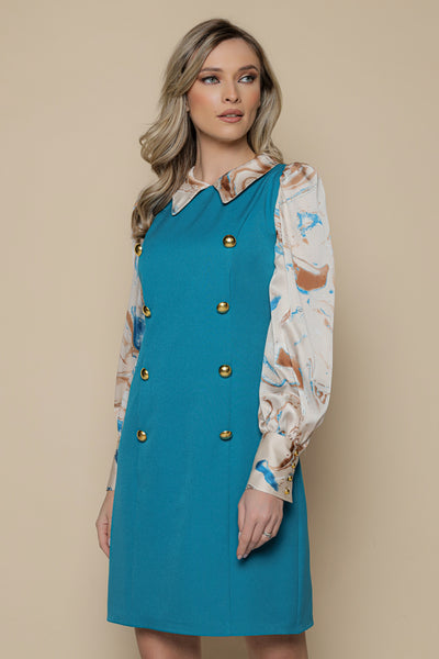 Rochie MBG albastra cu guler si mâneci imprimate