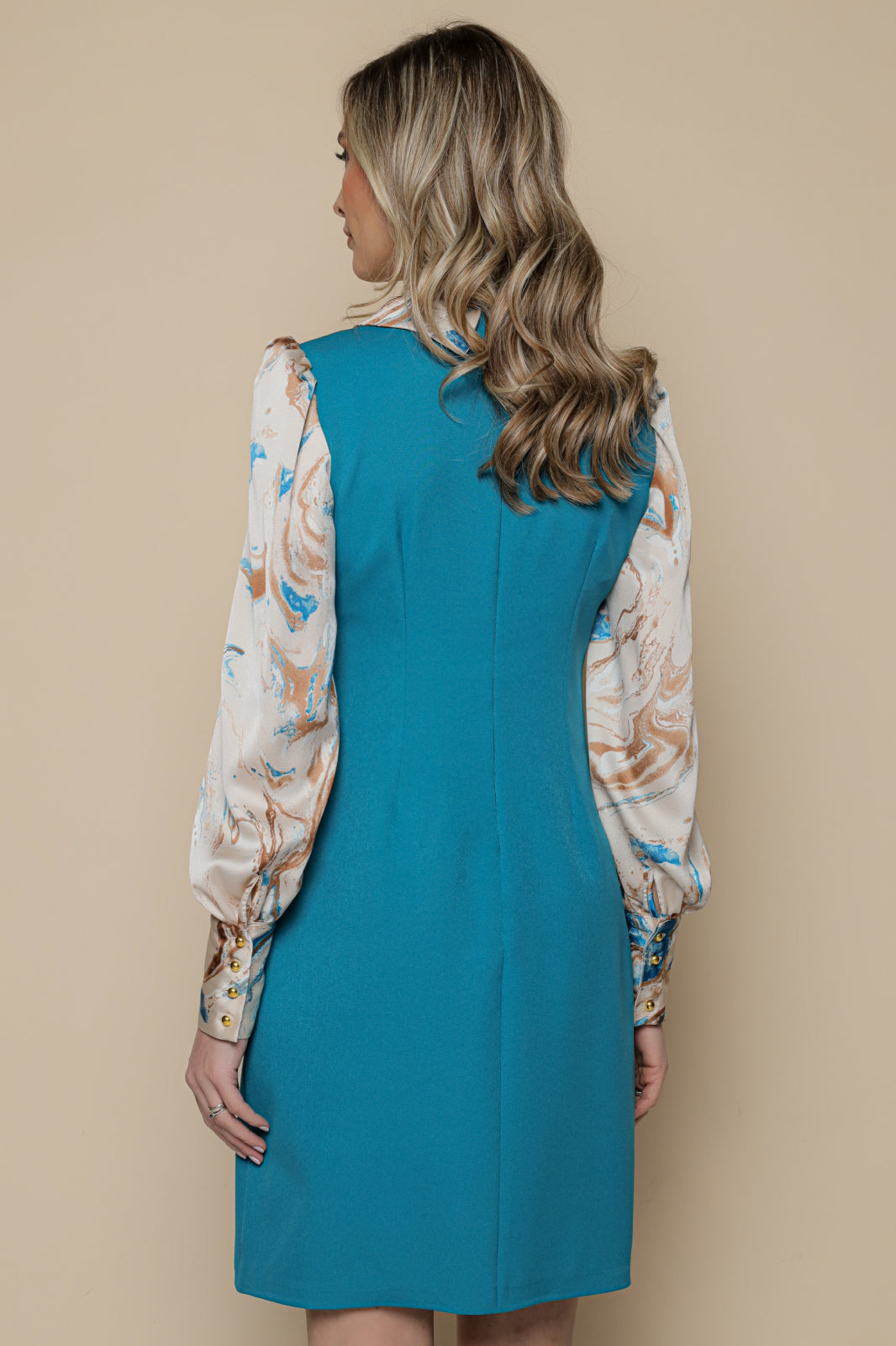 Rochie MBG albastra cu guler si mâneci imprimate