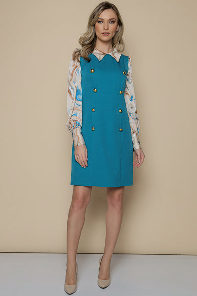 Rochie MBG albastra cu guler si mâneci imprimate