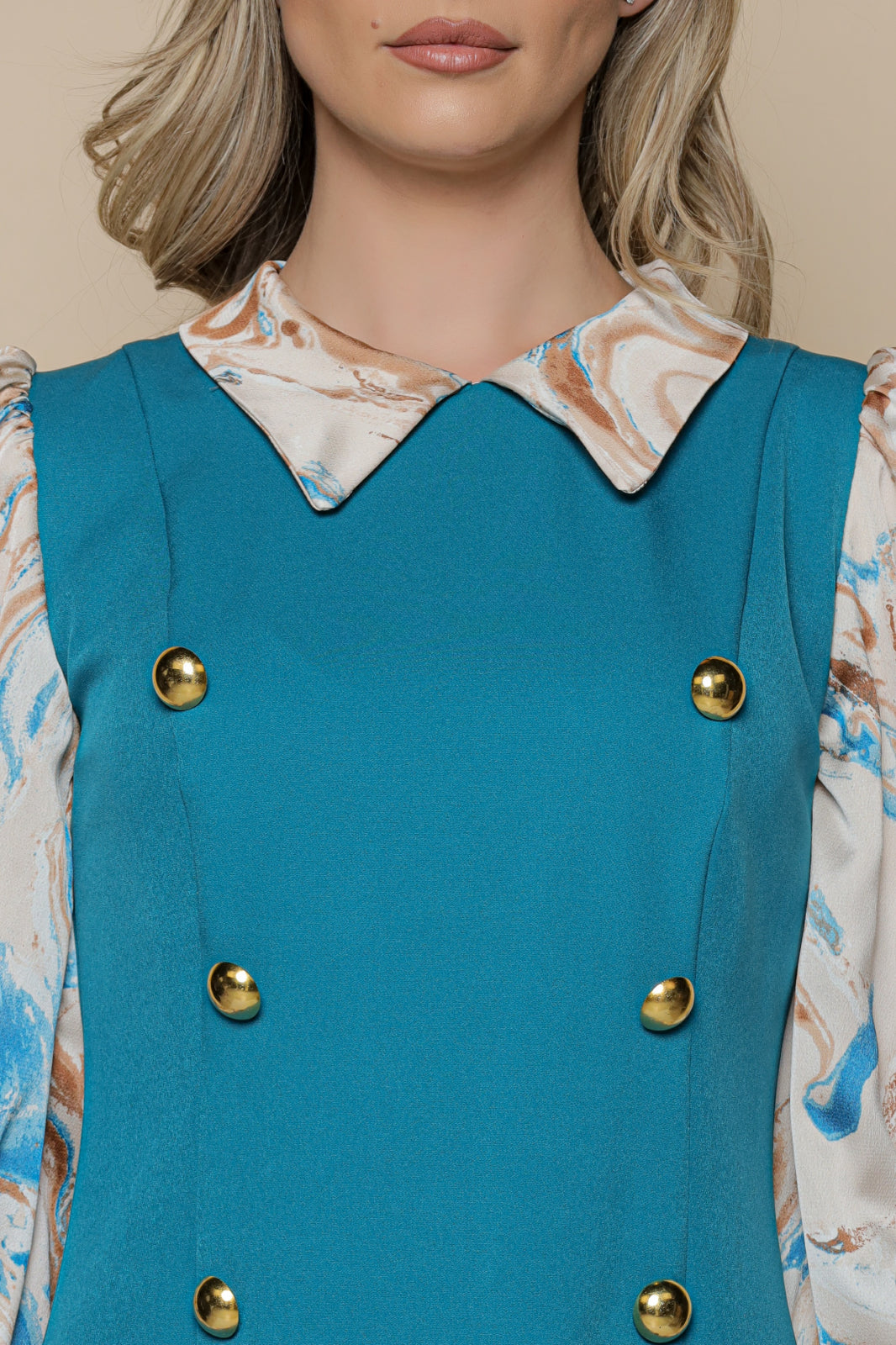 Rochie MBG albastra cu guler si mâneci imprimate