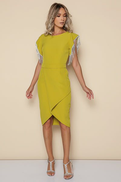 Rochie MBG lime cu aspect petrecut si strasuri la maneci