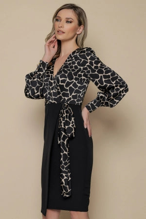 Rochie MBG neagra cu aspect petrecut si bust animal print bej