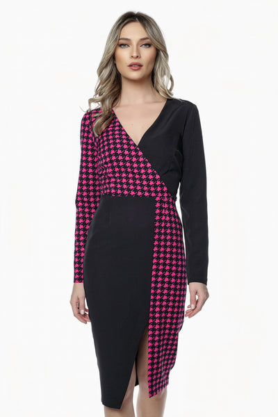 Rochie MBG neagra cu picior cocos fuchsia si aspect petrecut