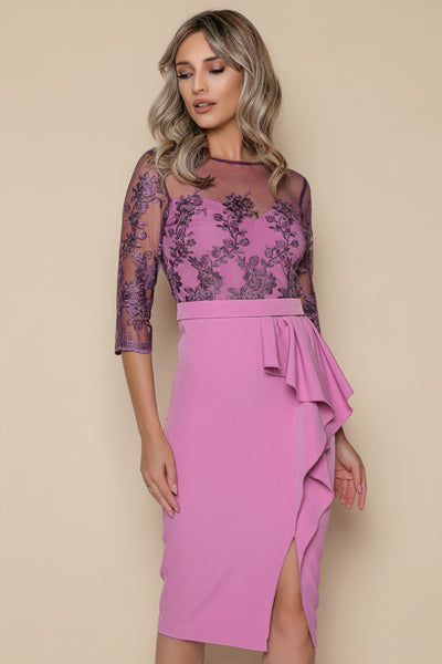 Rochie MBG roz cu broderie mov pe bust si volan maxi