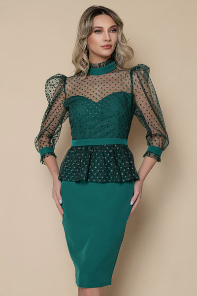 Rochie MBG verde cu bust din tulle cu buline si peplum