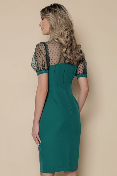 Rochie MBG verde cu platca din tulle cu buline si broderie